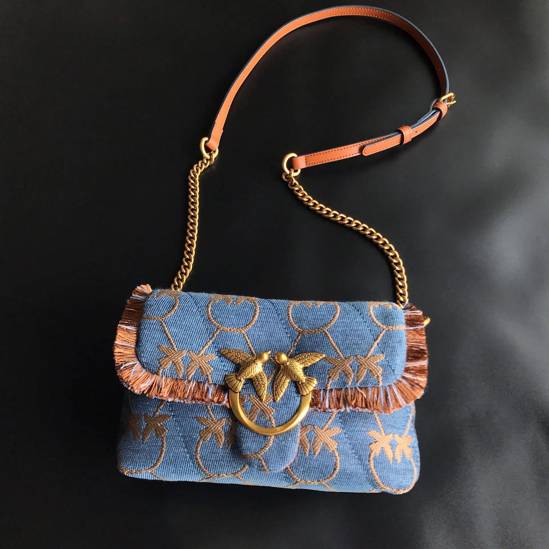 New arrivalpinko same style denim denim half moon armpit puff swallow bag mini pillow bag women's bag chain women's bag