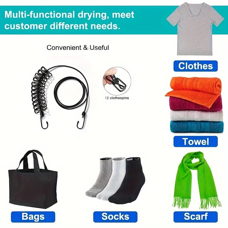 Portable Travel Clothesline with 12 Clips, Lightweight Rope for Indoor Outdoor Drying Socks Towels Scarves Travel Essentials