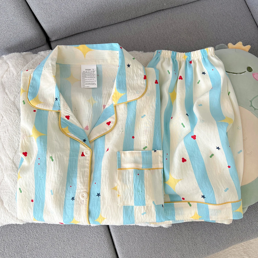 Women's Summer Pajamas, Thin Striped Pattern Short-Sleeved Shorts, Sweet and Cute, Can Be Worn Outside in Summer, Two-Piece Home Wear Set