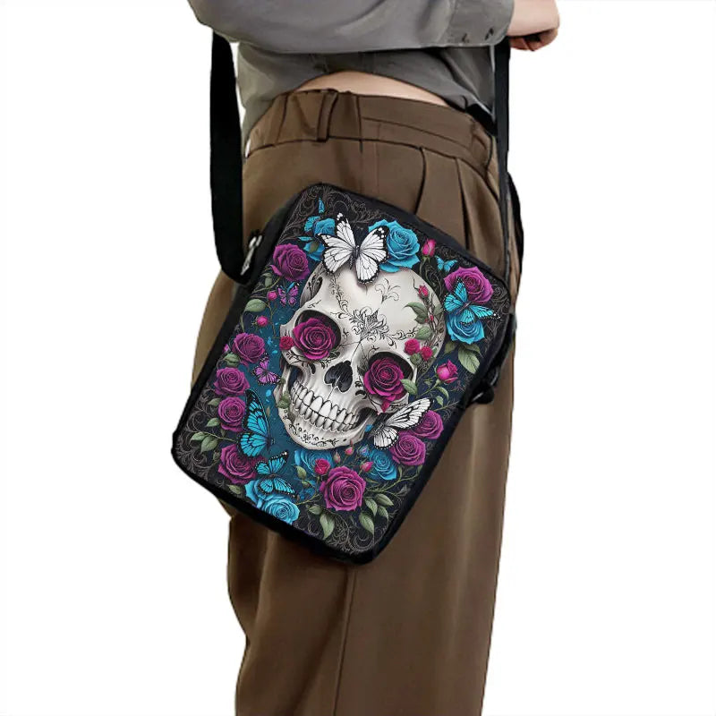 Skull Rose Butterfly Print Crossbody Bag Women Shoulder Bags for Travel Handbags Phone Holder Student Messenger Bags Gift