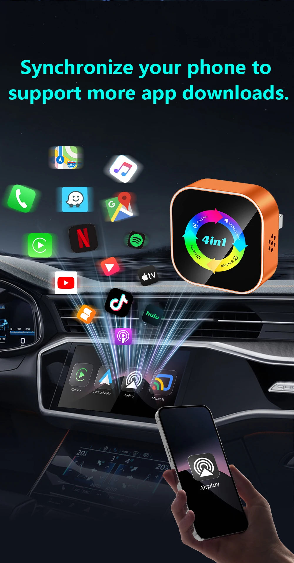 2026 Wireless Carplay Adapter 4in1 Android Auto Connect Airplay Mirror Link Screen USB Plug Play for Apple and Android CarPlay