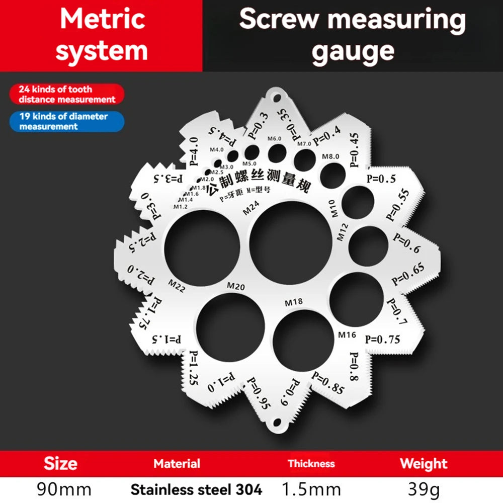 Thread Checker Screw Measurement Ruler Stainless Steel Caliper Metric for Measuring Screw Pitch Bit Bolt Nut Screw Gauges