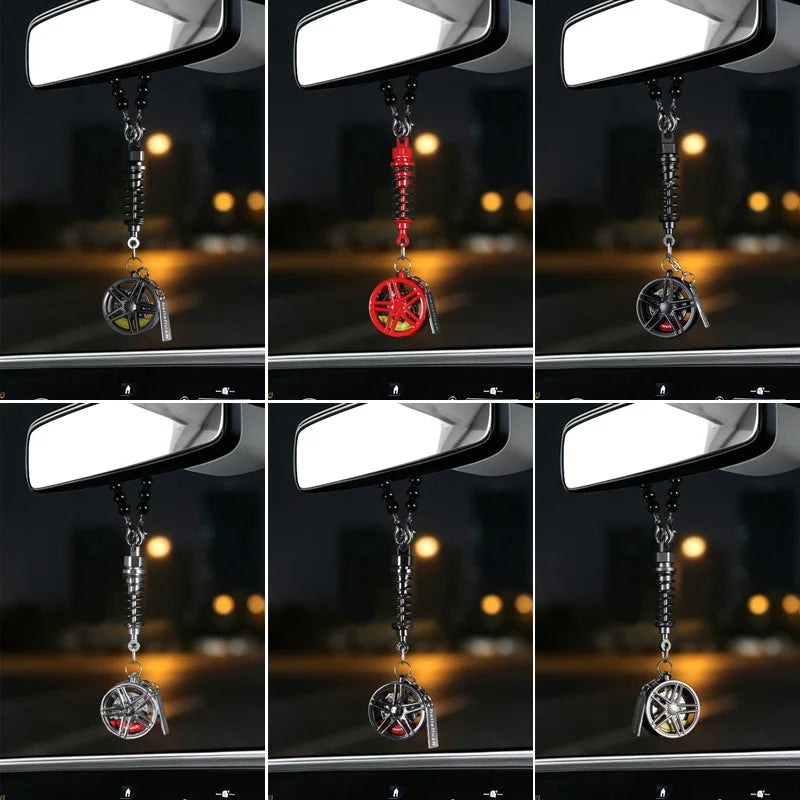 metal Car Mirror Rearview Pendant Auto Interior Decor Pendants Aluminum Wheel With Shock Absorber Ornament Hanging Accessories