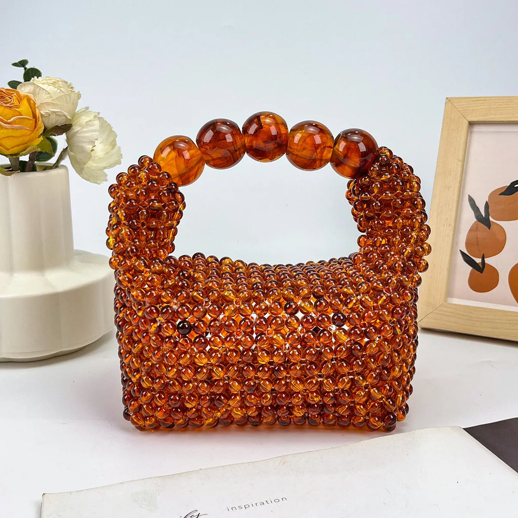 Handmade Beaded Large Capacity Dumpling Shape Women's Fashion Handbag Party Bag Wind Amber Color Handheld Bag Carryall Tote