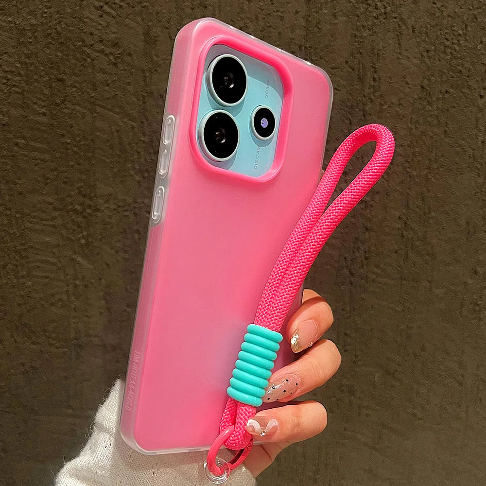 Luxury With Lanyard Matte Candy Phone Case For Xiaomi Redmi Note 15 14 Pro Plus 5G 13 12 12S 11 14C 13C Shockproof Bumper Cover