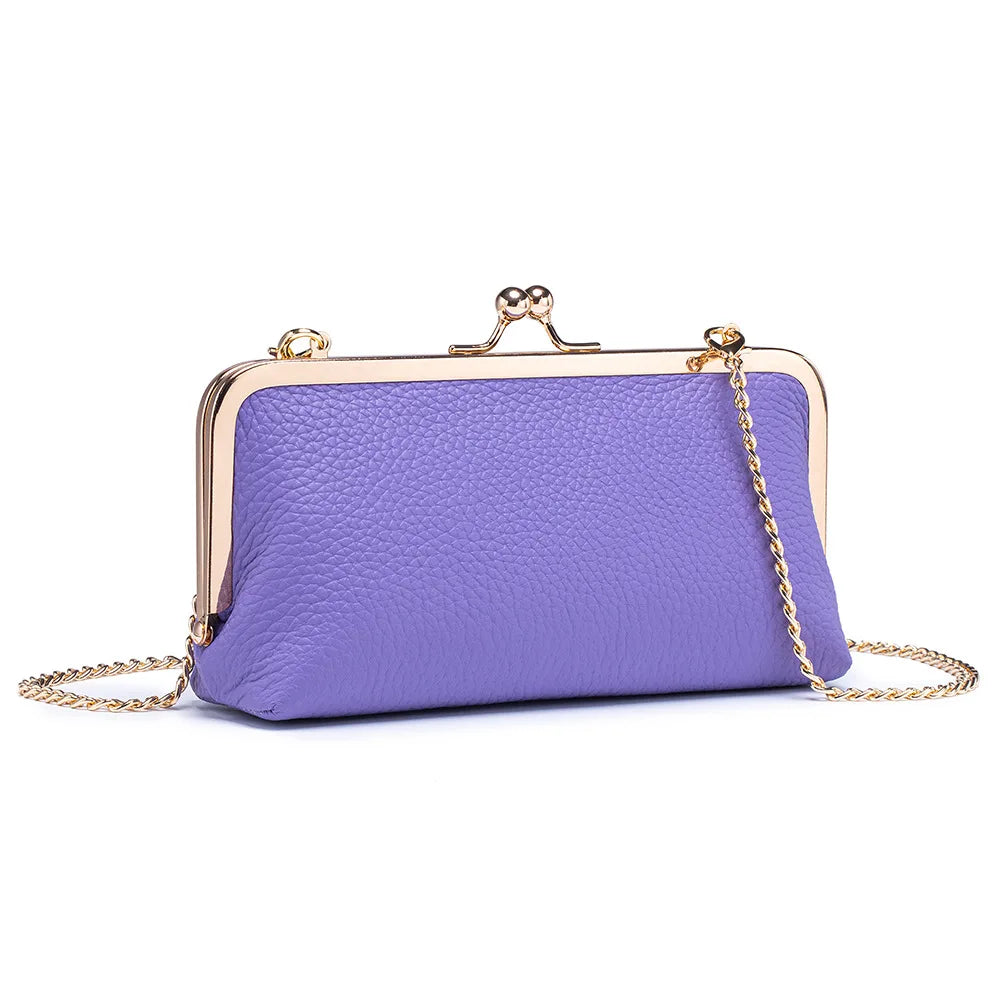 Women's Kiss Lock Clutch Bag, Top Grain Genuine Leather Wallet Large Capacity Travel Clutches with Detachable Chain Strap