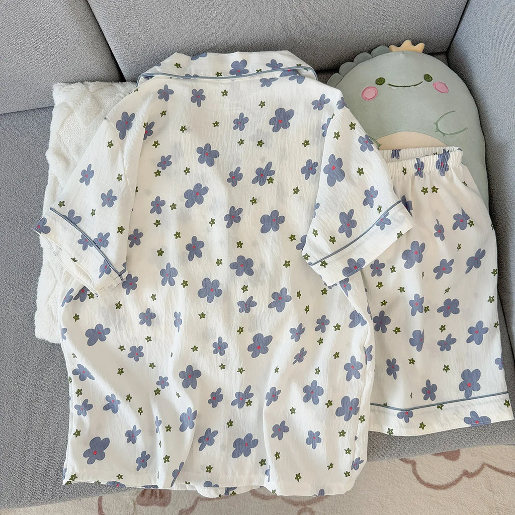 Women's Summer Pajamas, Thin Floral Pattern Short-Sleeved Shorts, Sweet and Cute, Can Be Worn Outside in Summer, Two-Piece Home Wear Set