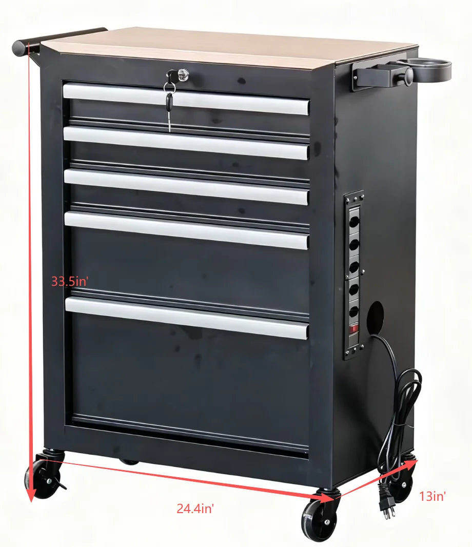 5 Drawer Metal Barber Salon Tool Cabinet Rolling Storage Cart with Socket and Hair Dryer Holder