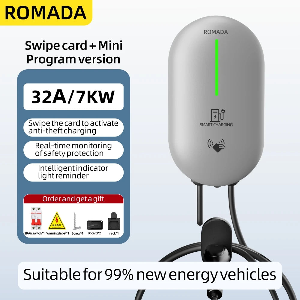 ROMADA EV Charger IEC62196 Type2 EVSE Wallbox 32A 7 KW 1Phase Adapter Bluetooth APP Control for Electric Vehicle Car With CE