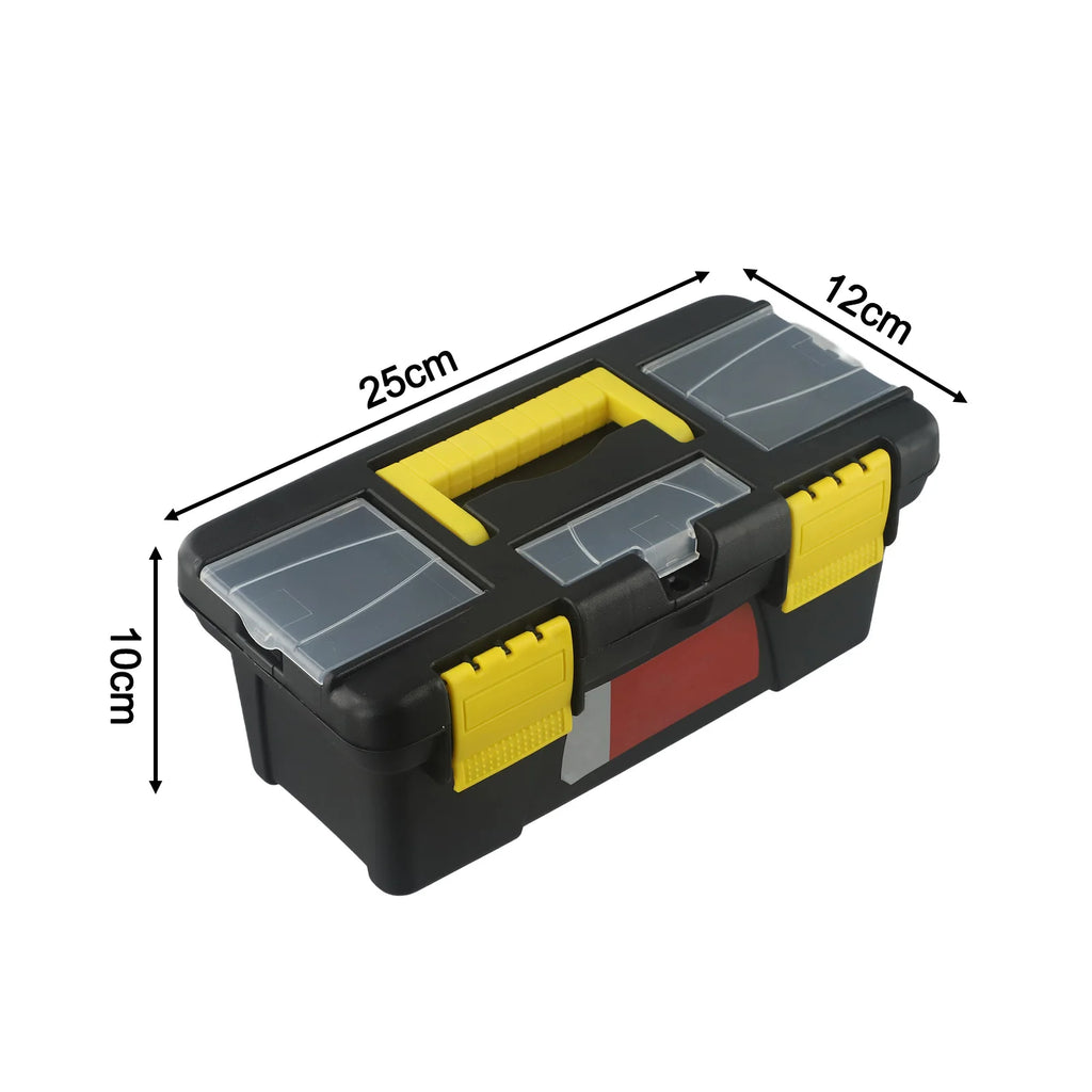 10-Inch Two-Layer Plastic Toolbox With Metal Hinges And 4 Latches For Tool Storage And Accessories Organization Black