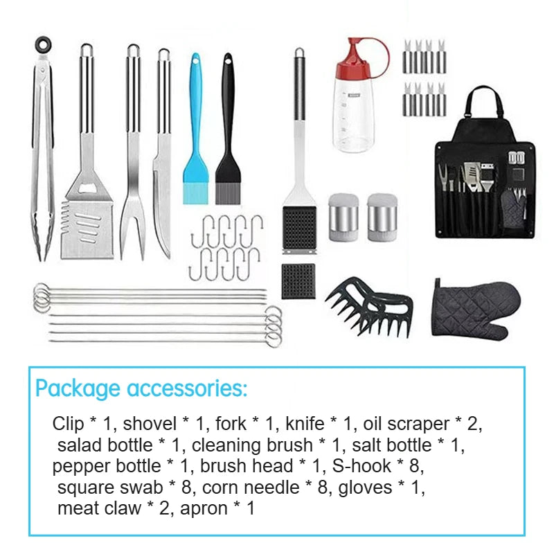 39 Pcs Outdoor BBQ Grill Accessories Tool Sets with Apron & Oxford Cloth Case Stainless Steel Stick Tools for Camping & Kitchen