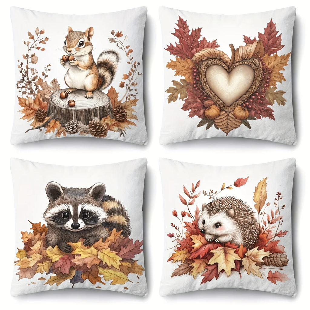 4pcs Pillow Covers, Featuring Squirrel, Hedgehog, Raccoon and Autumn Decor, Polyester Blend, Rustic Style for Home and Outdoor