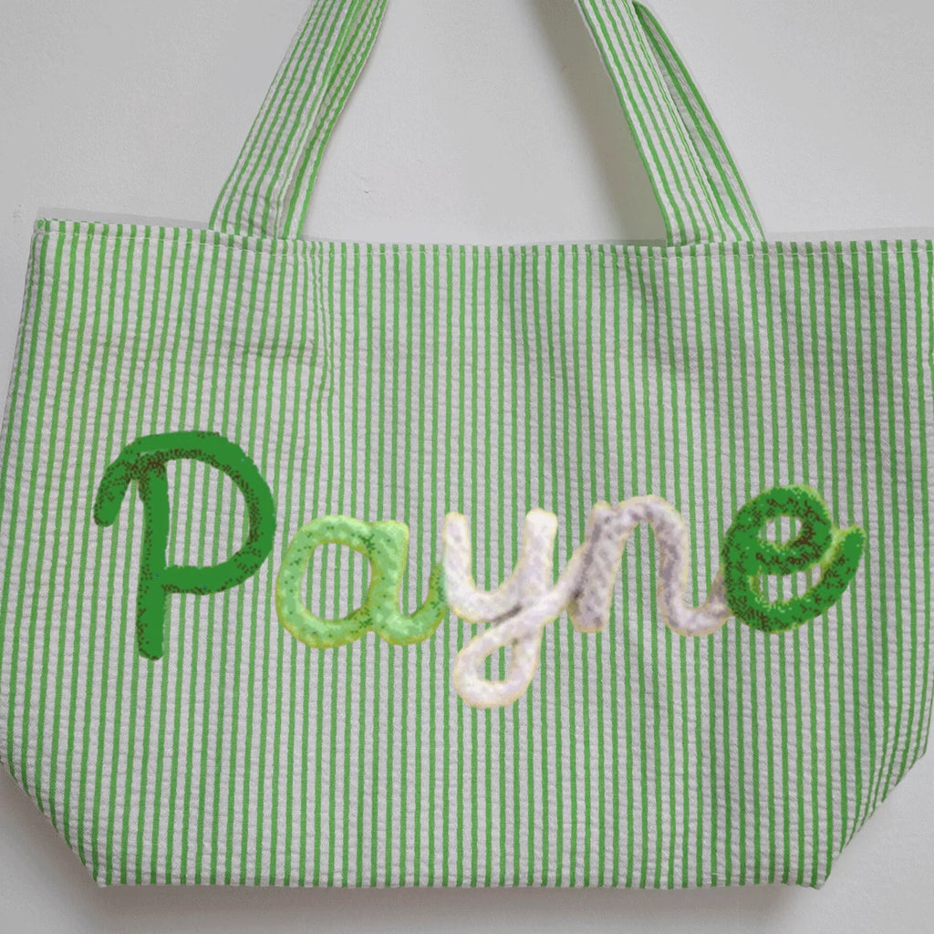 Custom Seersucker Cosmetic Handbag and Travel Organizer — Personalized Chenille Letter Toiletry Bag and Summer Beach Tote