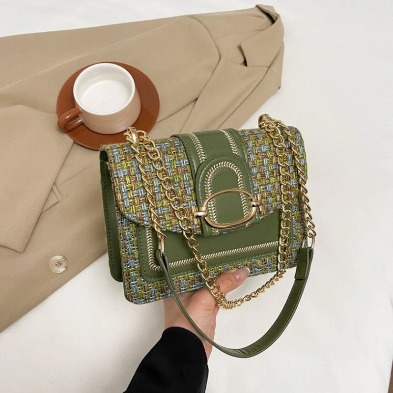 Chic Mini Plaid Tweed Crossbody Bag with Adjustable Strap, Fashionable Buckle Closure - Available in Cream, Green, Blue, Black