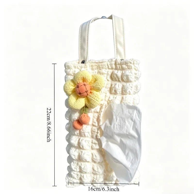 1PCS Cute 3D Flower Car Headrest Tissue Box, Seat Back Hanging Napkin Holder, Bubble Cloth Car Interior Vehicle Decor Accessory