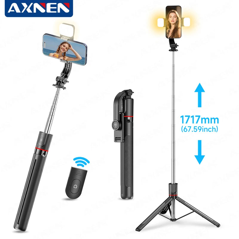 AXNEN F15 Extendable Selfie Stick Tripod 1717mm Stand for Cell Phone Removable Bluetooth Remote 360° Rotation Fill Light Option