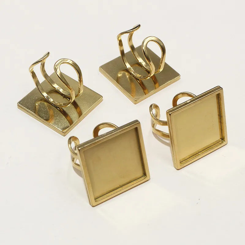 5pcs Stainless Steel Square Rectangle Thick Adjustable Ring Blank Base Settings ,Fit 12/20/25mm Cabochons DIY Rings Bezel Tray