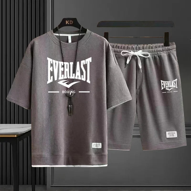 EVERLAST New Summer Men's Daily Casual Breathable Comfortable Loose Sports Set Fashion Brand Men's Waffle Top+Shorts 2-piece Set