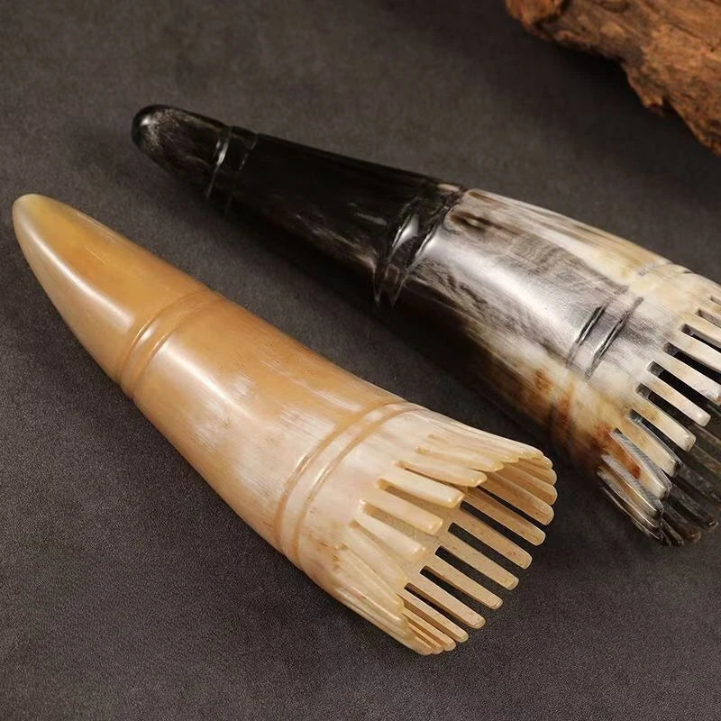 Scalp Massager Comb Buffalo Horn Dual Side Fine Tooth Detangler for Hair Growth Styling Acupressure Head Massage Women Men