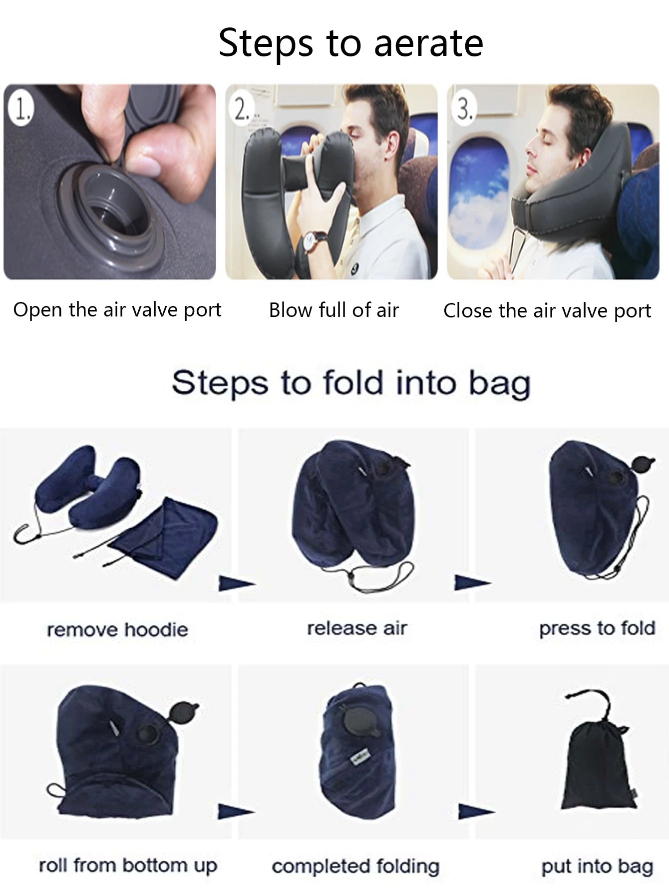 1PC Neck Pillow Travel Inflatable U-shaped Pillow H Hooded Aviation Neck Pillow with a Blackout Windproof Cap Portable