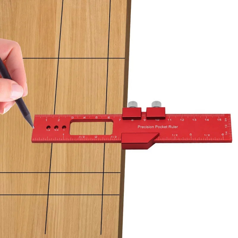 Precision T Type Pocket Ruler Inch Metric Measuring Tool with Slide Stop for Carpentry Marking
