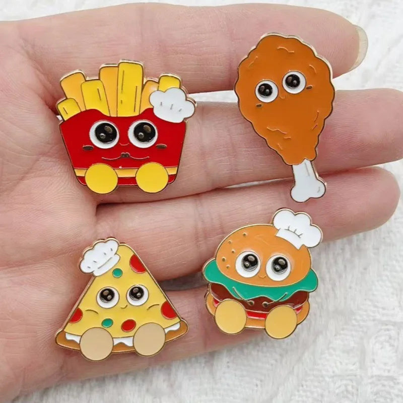 4pcs cartoon food brooch, fun food toy badge, hamburger fries, fried chicken legs, pizza brooch accessory, student gift