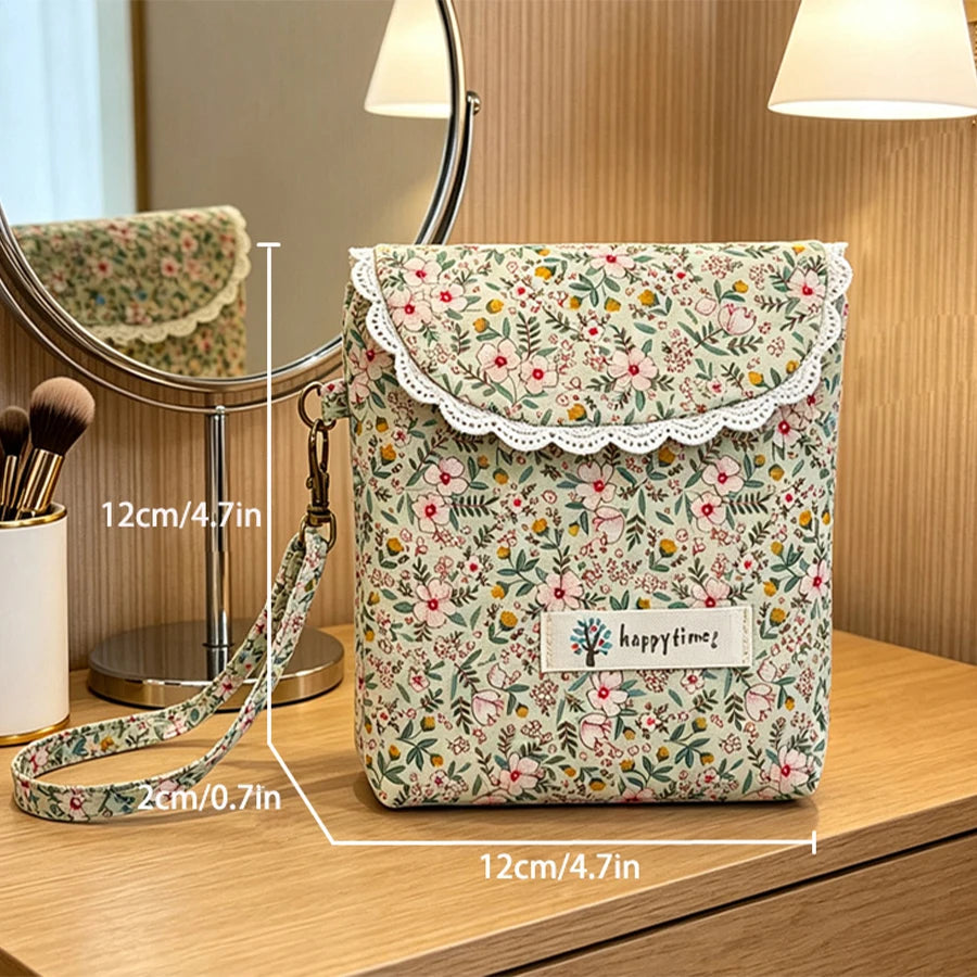 Cute Floral Lace Edge Mini Wristlet Bag, Canvas Flap Phone Purse With Detachable Strap, Portable Card Coin Storage Pouch For Lad