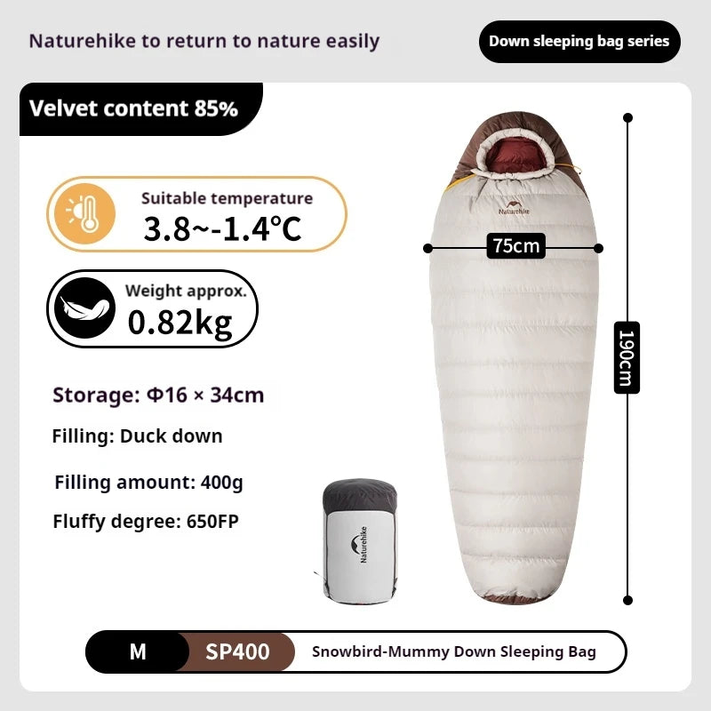 Naturehike Snowbird Mummy Sleeping Bag SP400/SP550/SP700/SP1000 for Outdoor Hiking Travel Winter Warm Duck Down Sleeping Bag
