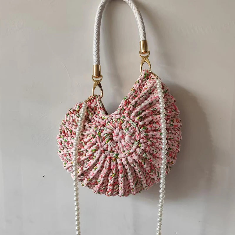 Creative Candy Color Conch Bag For Women Crochet Shoulder Bags Funny Cute Pearls Chains Handmade Weave Crossbody Hobo Shell Bag
