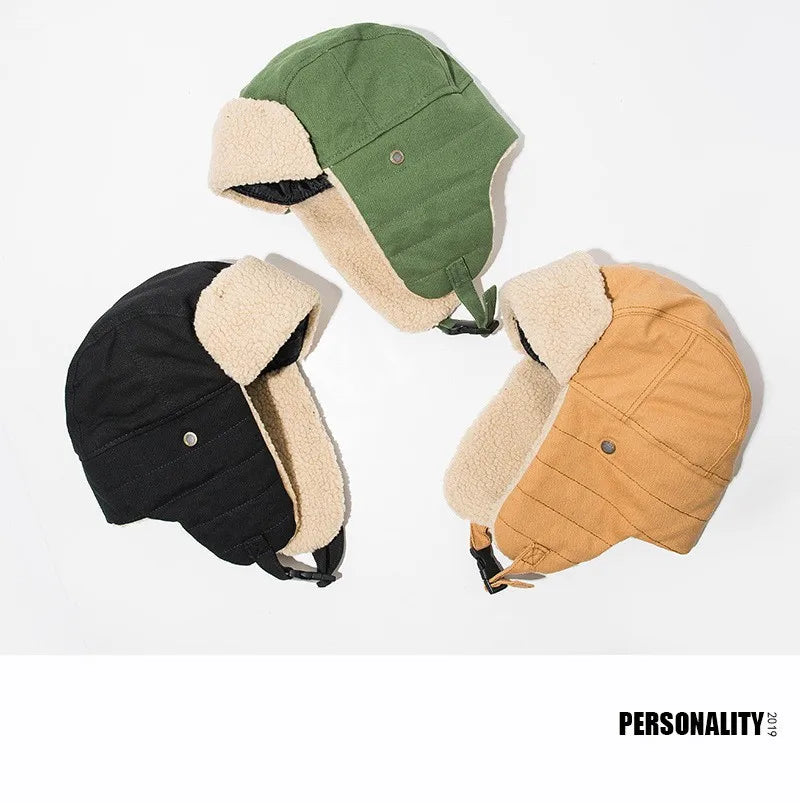 Men's Winter Keep Warm Bomber Hats Thick Windproof Lamb Wool Outdoor Skiing Cap