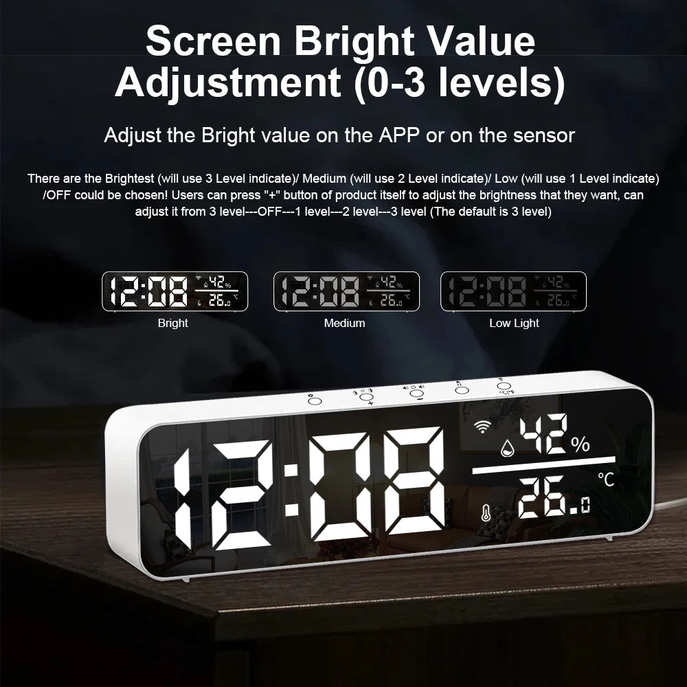 Tuya WiFi Mirror LED ClocksSupport Temperature Humidity Sensor Time Display USB Desktop Alarm Clock for Living Room Decoration