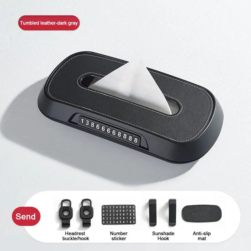 Leather Car Tissue Box Phone Number Label Center Console Armrest Napkin Box Sun Visor Tissue Box Backseat Tissue Case Fix Strap