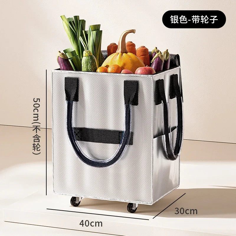 Foldable Wheeled Rolling Shopping Bag Long Handle Large Capacity Portable Collapsible Tote for Travel Shopping Outdoor Business