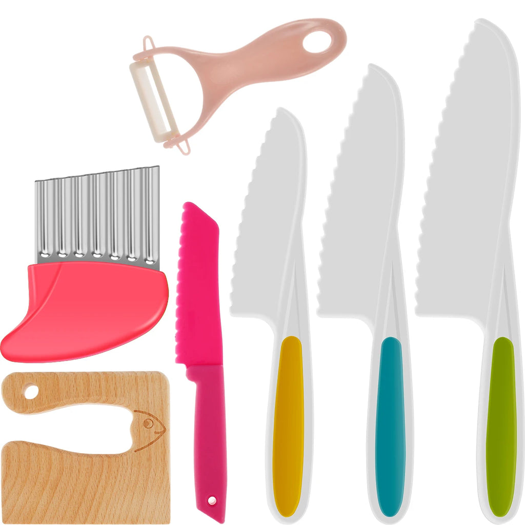 Set Kids Cooking Cutter Knife Toddler Vegetable Cutter Cooking Plastic Fruit Knives to Cut Fruits Crinkle Peeler Kitchen Supply