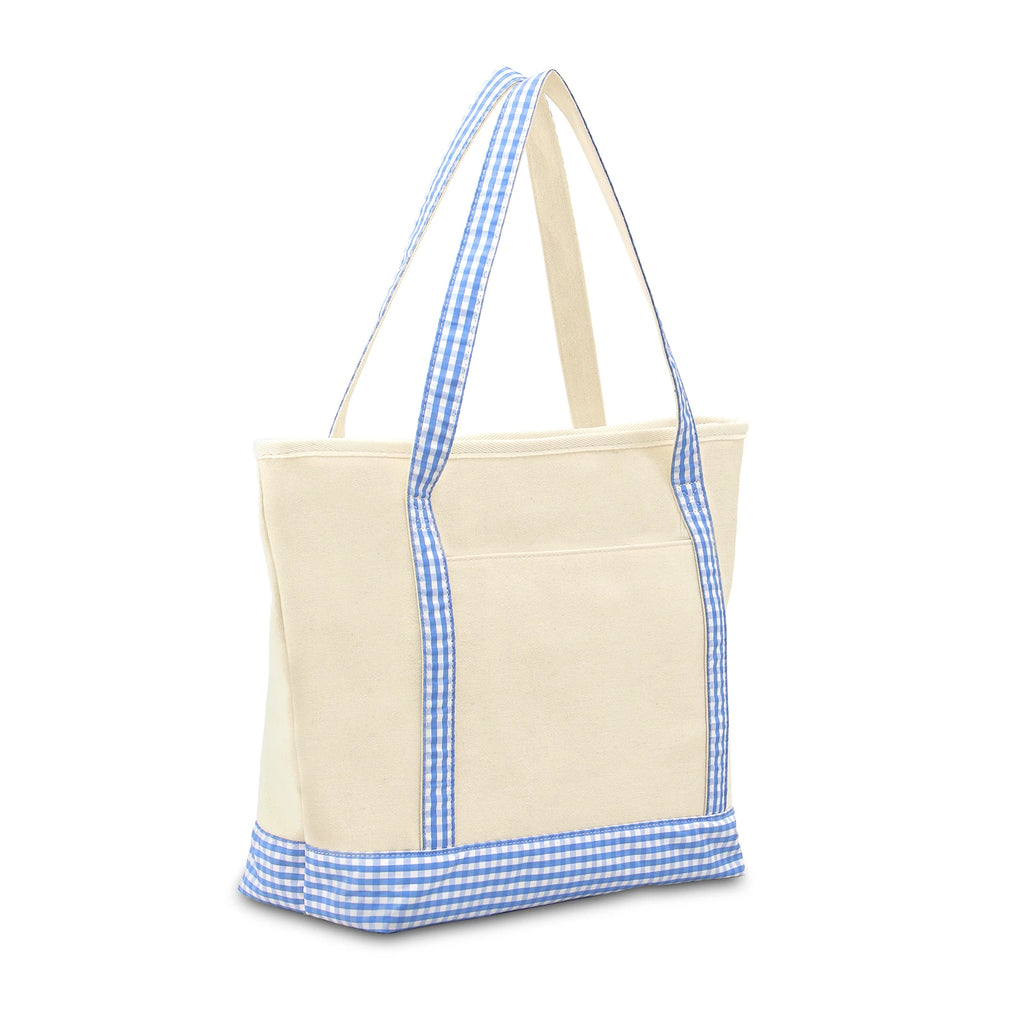 Gingham Canvas Tote Bag For Women Summer Beach Bag With Zipper Closure Roomy Interior Pink/Blue Large Capacity Shopping Bag