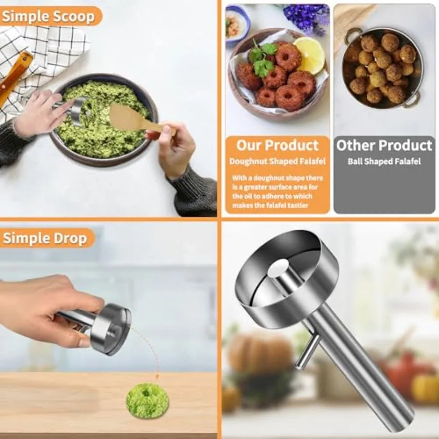 Falafel Scoop With Hole, Stainl Steel Profional Falafel Maker Tool Scoop with Spatula Food Safe and Non-Sticky Stainl-Steel Don