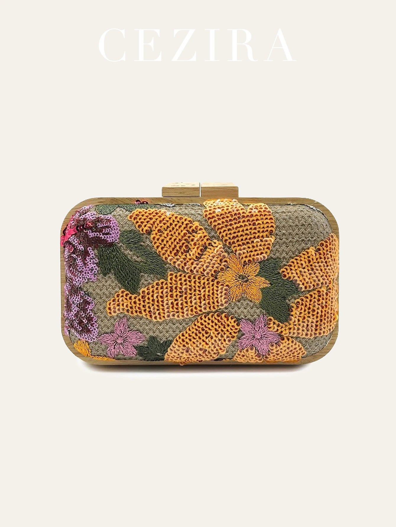 Women's Fashion Wood Kiss Lock Straw Woven Handbag Random Floral Pattern Sequined Embroidery Clutch Bag Long Chain Purse Travel