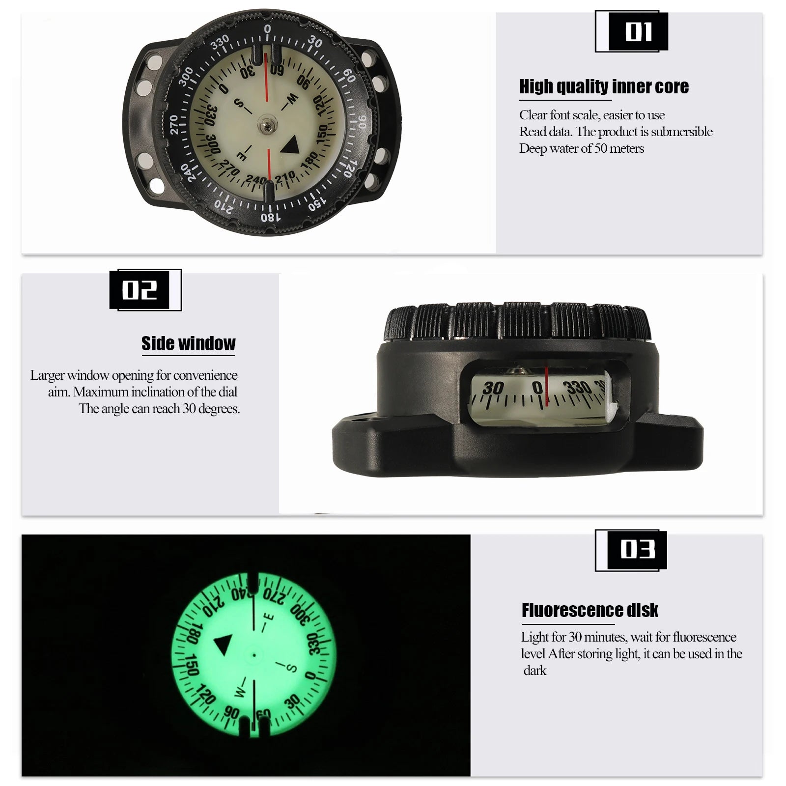Digital Scuba Diving Compass 50m Waterproof Navigator, Professional Luminous LED Wrist Watch with Balanced Design for Snorkeling