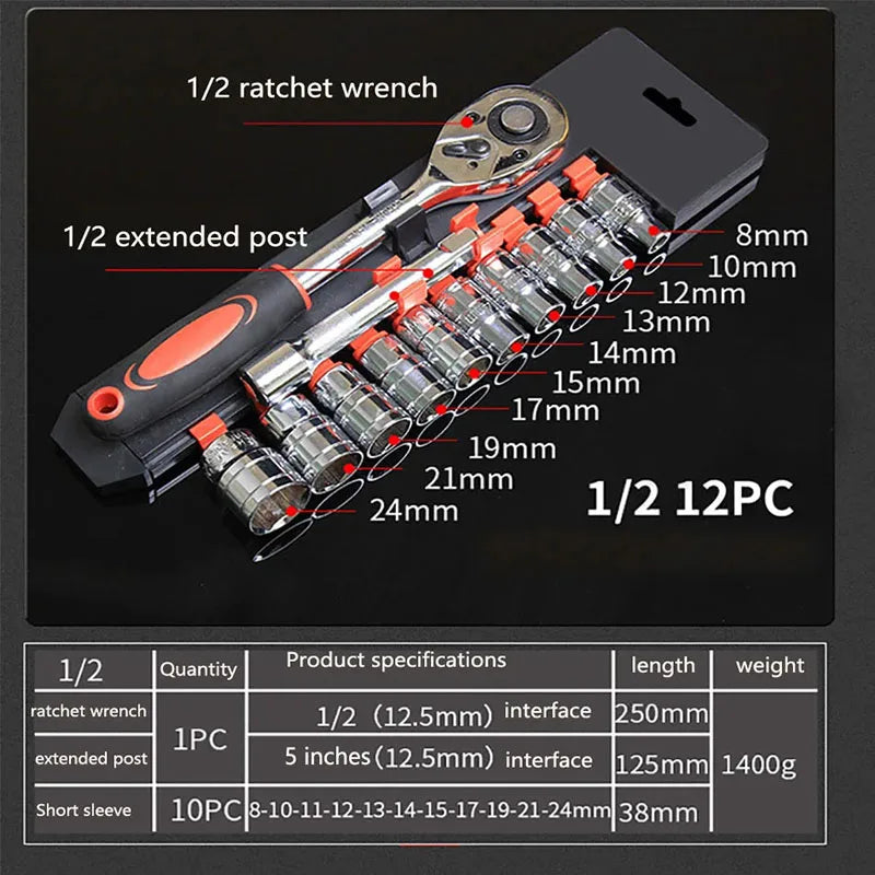 1/4 3/8 1/2 inch Socket Wrench Set Extension Rod Multi-function Ratchet Spanner Set for Car Motorcycle Repair Hand Tool Set Case