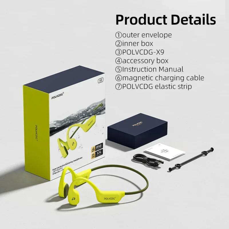 POLVCDG X9 Bone Conduction Earphones 32G IPX8 Waterproof Open Design for Swimming Running Cycling Hanging Earphones