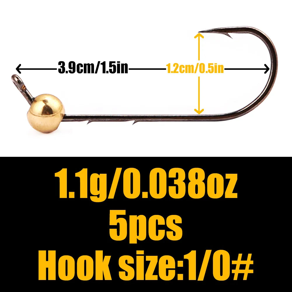 B&U 5pcs Micro Jig Head Fishing Hooks Set 0.5g-4g Copper Head Mini Crank Jig Fishhook for Soft Worm Lure Fishing Accessories