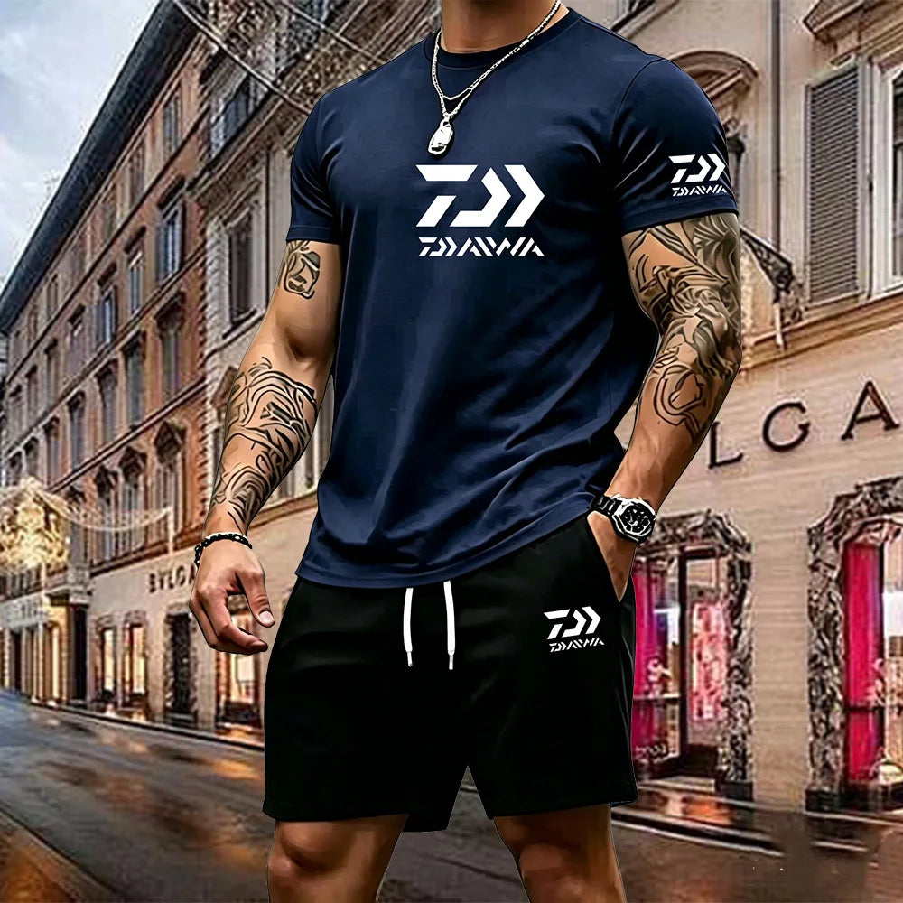 2026 Summer New Men's Fashion Outdoor Sports Set Printed Short Sleeve T-shirt+Shorts Loose Home Leisure Two Piece Set