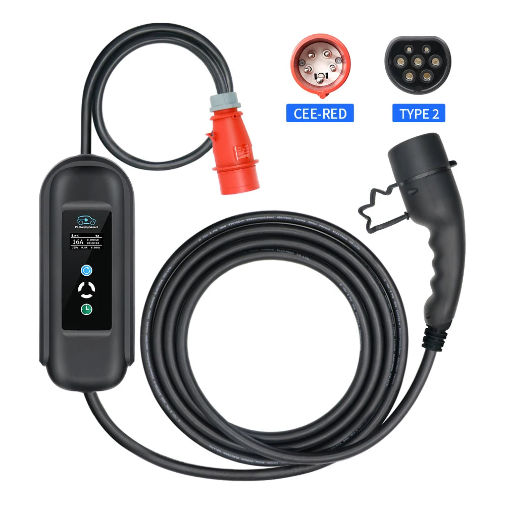 Portable 11KW 16A EV Portable Charger Type2 IEC62196-2 EVSE Charging Box Electric Vehicle PHEV Cars Charger CEE Plug 5M Cable