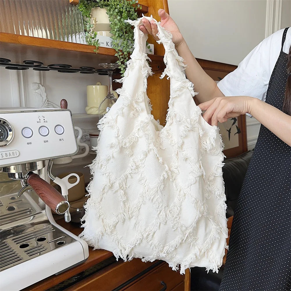 Tassels Diamond Women's Shoulder Bag Large Capacity Female Vest Shopping Bags Soft Canvas Ladies Commute Tote Purse Handbags