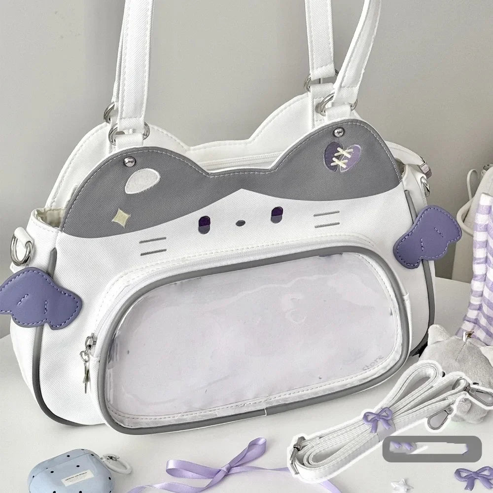 Zipper Bag Kawaii Cat Itabag Cotton  Bag PU Transparent Pocket Badge Storage Bag Small Item Bag Fashion Backpacks Outdoor