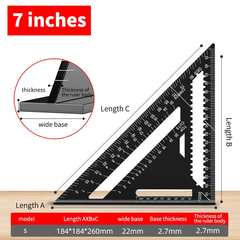 Precision 7/12 Inch Aluminum Alloy Triangle Ruler Woodworking Measuring Tools Durable Metal Metric Imperial Gauging Angle Finder
