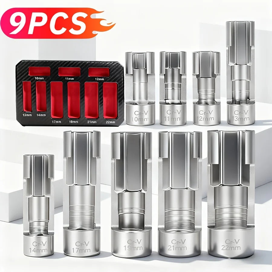 9-Piece 10-22mm Diesel Injector Fuel Line Socket Wrench Set | Suitable for Master Cylinder Lines, Oxygen Sensor Pressure, and Socket Removal Tools