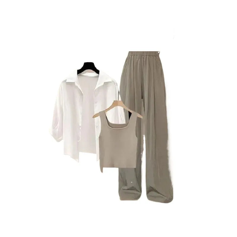 2026 Summer New Fashion Tracksuit Matching Set Women's Elegant White Sunscreen Shirt+Vest+Casual Wide Leg Pants 3-Piece Suit