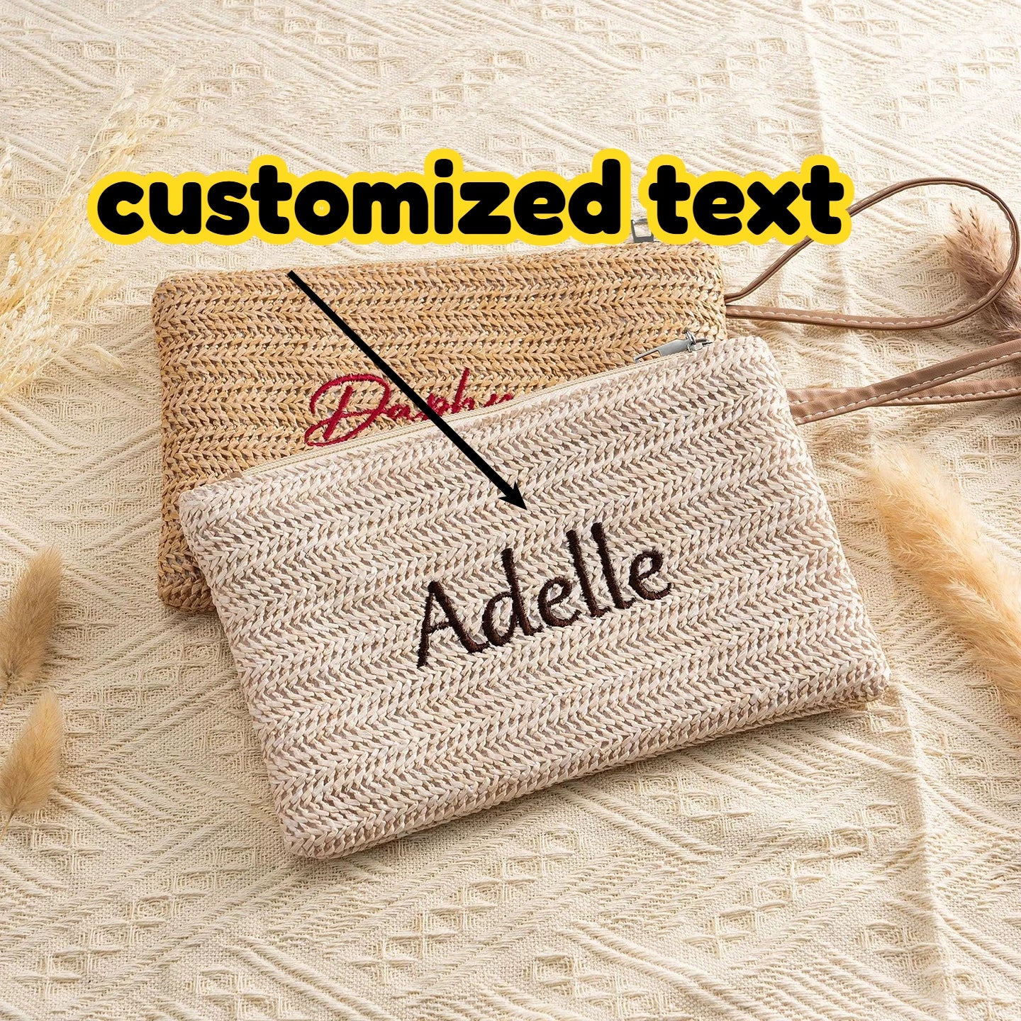 Boho Straw Woven Clutch Bag Custom Name Embroidery Zipper Pouch Women Girls Portable Coin Wallet Beach Vacation Accessories