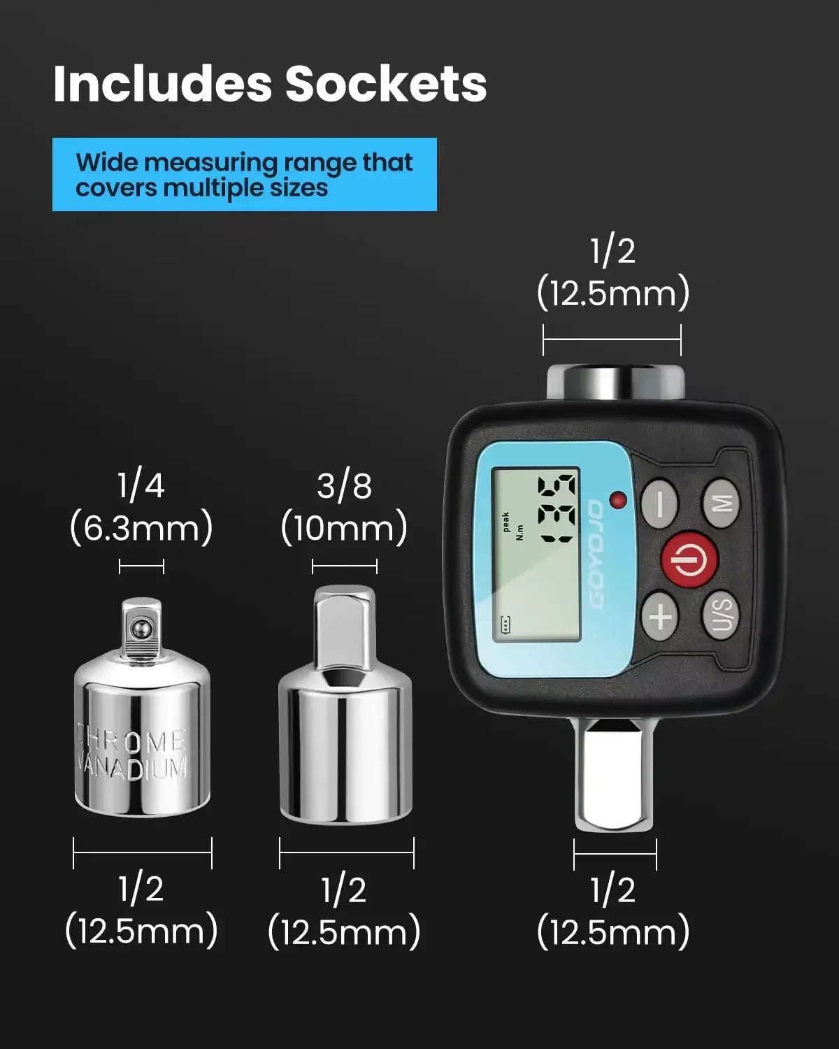 GOYOJO Digital Torque Wrench Adapter - Precision Electronic Torque Tool Converter and Meter with LCD Display, Includes 1/2", 1/4